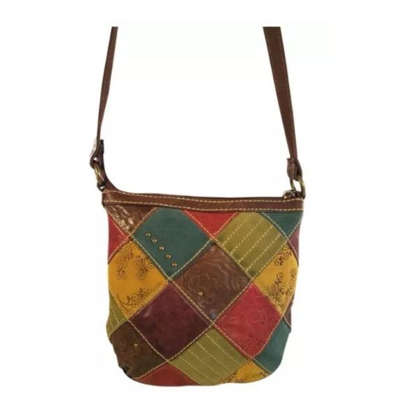 Fossil Multicolor Patches Suede w/ Tooled Floral Crossbody Bag Slingback - Picture 1 of 13